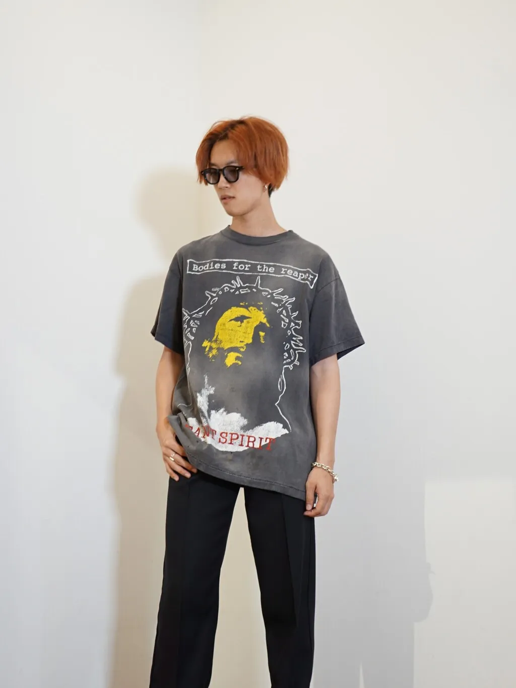 SAINT MICHAEL SS TEE/B FOR REAPER Jesus Hell's Angels Washed and Distressed Short Sleeves Washed Black S-XL Garment Dyed Printed Washed and Distressed